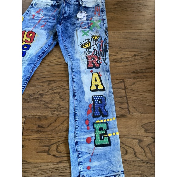 Rue 21 Premium Men's Jeans Blue Design Patch Distressed Skinny Fit Denim Jean - Picture 2 of 6